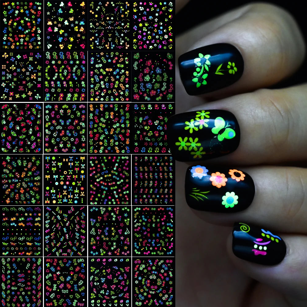 24/30pcs 3D Neon Summer Nail Stickers Set Colorful Daisy Flowers Leaves Nail Art Sticker Fluorescence Floral Adhesive Decoration