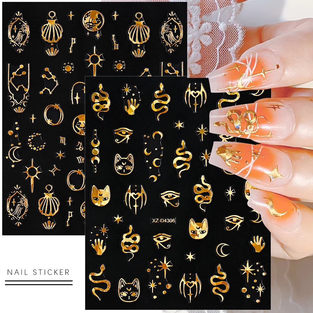 12Pcs 3D Laser Gold Silver Sun Star Moon Nail Stickers Y2K Snake/Starlight/Heart Adhesive Decals DIY Bronzing Nail Sliders