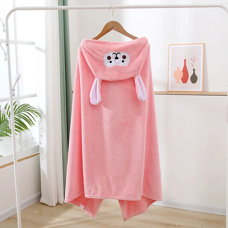 70*140cm Children's Hooded Bath Poncho Plush Coral Fleece Robe with Cartoon Cape Design Fast-Drying Baby Bath Towel