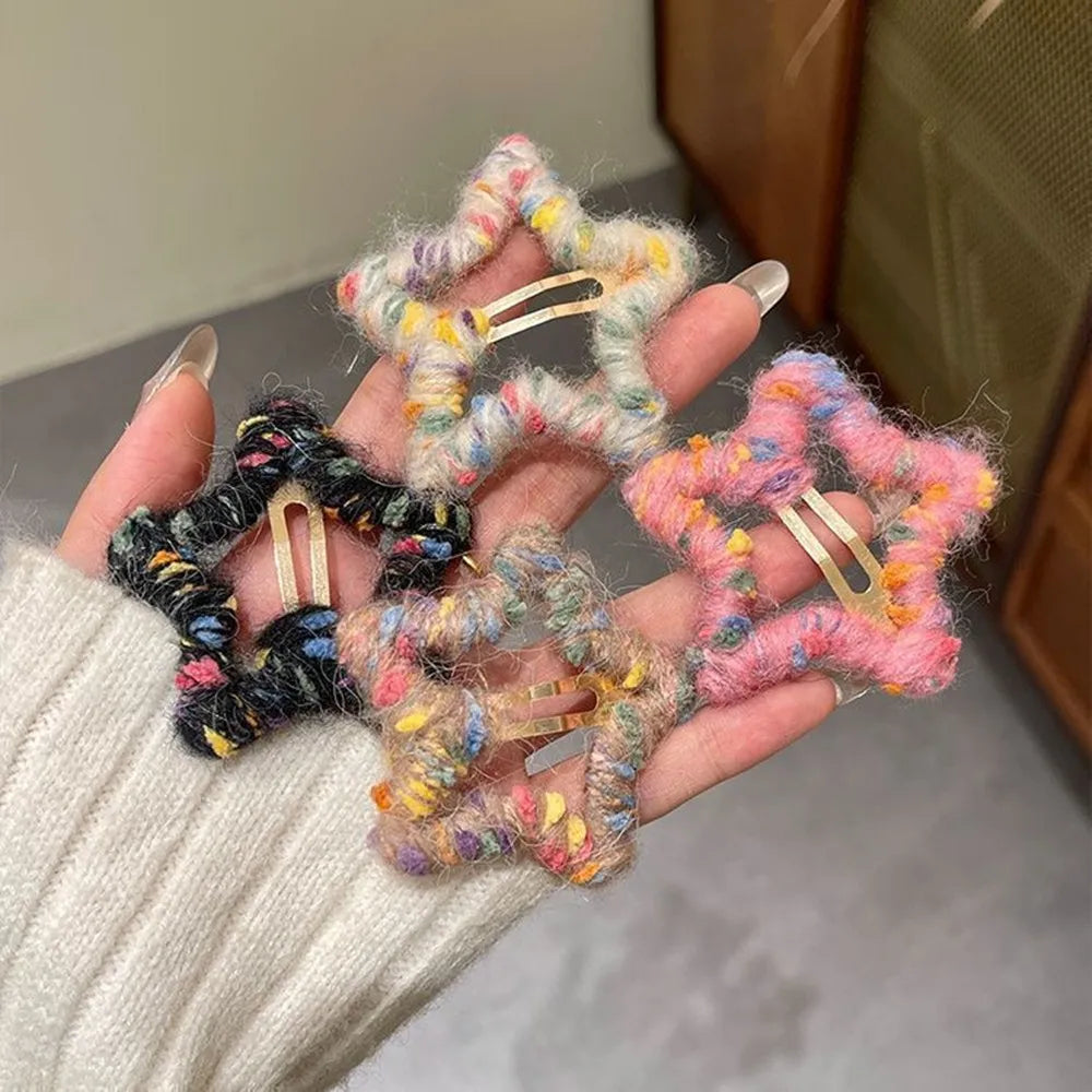 4Pcs Star Hair Clips, Colorful KnittingHair Clips, Elegant 5-Star Hairband Clips, Hair Accessories For Girl To Style Side Braids