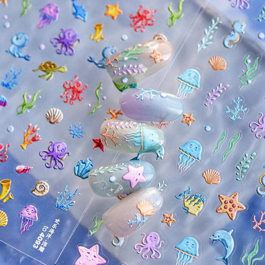 1 piece of 5D marine life nail stickers coral dolphin jellyfish shell conch starfish sea soft relief decorative nail art sticker