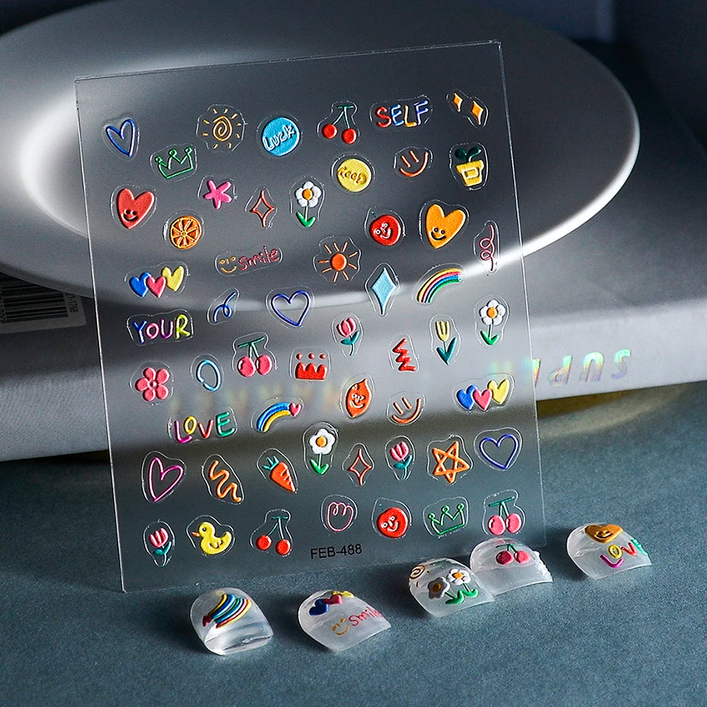2023 Jelly Design Tulip Flowers Love Heart Color Lines 5d Embossed Reliefs Nail Art Stickers Lovely Manicure Nail Decals