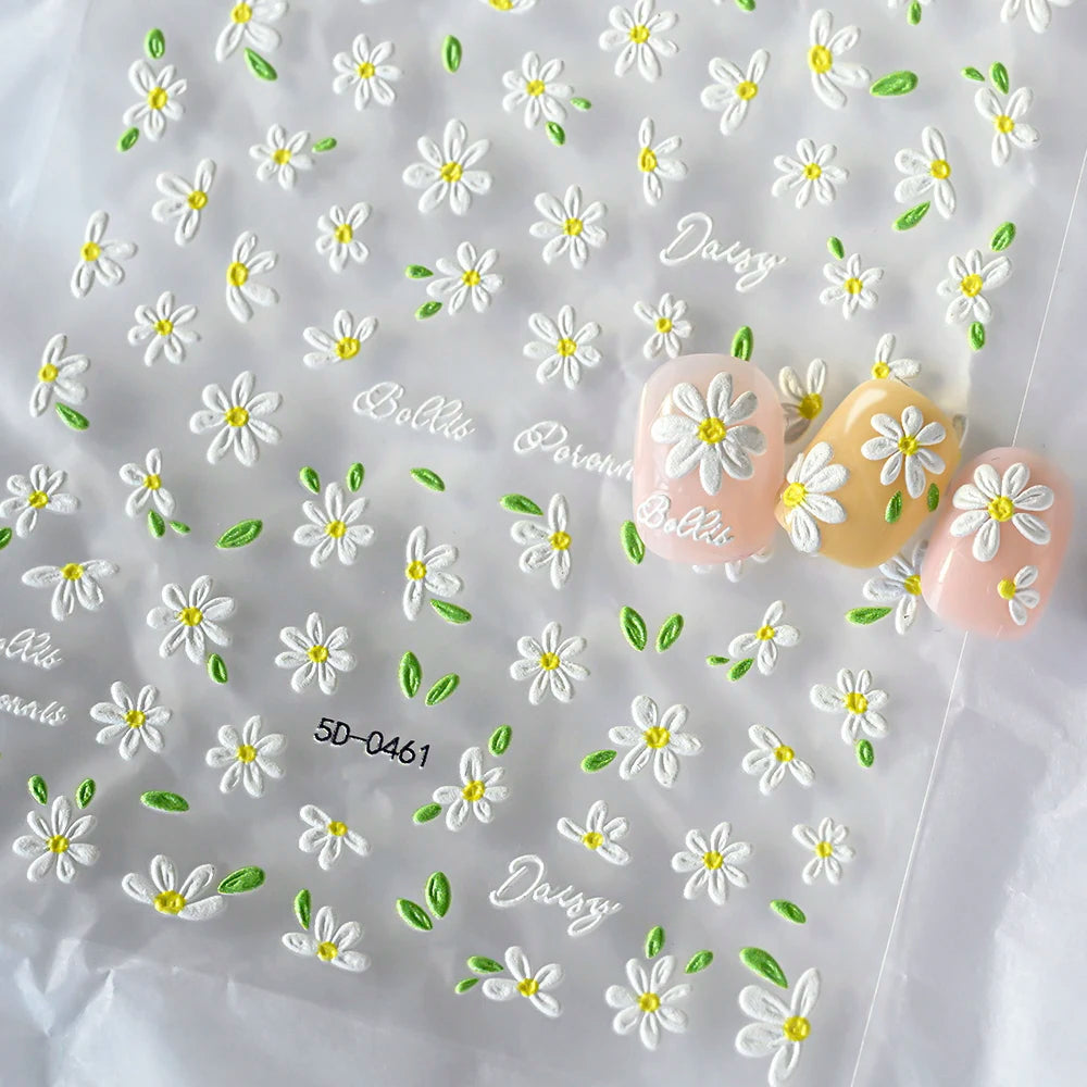 2pcs 5D White Daisy Design Nail Art Stickers Embossed Daisy Floret Green Leaf Nail Art Decals DIY Spring Summer Decor Stickers