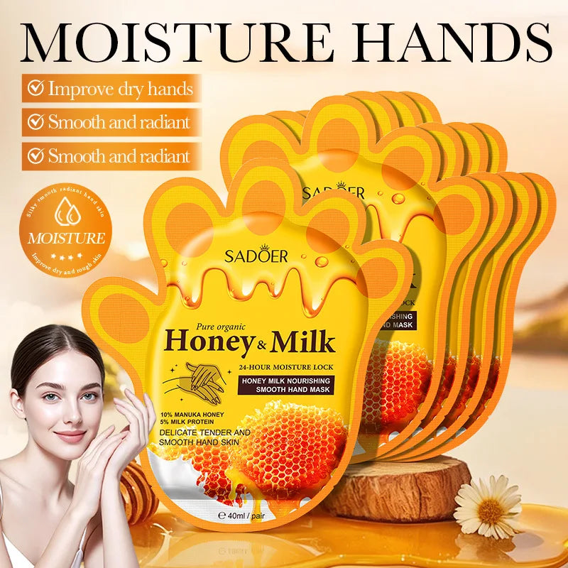 5 Pairs SADOER Honey Milk Hand Mask 24Hour Moisture Lock Hand Care Gloves Nourish Dry Hands Soften Cutin And Smooth Skin
