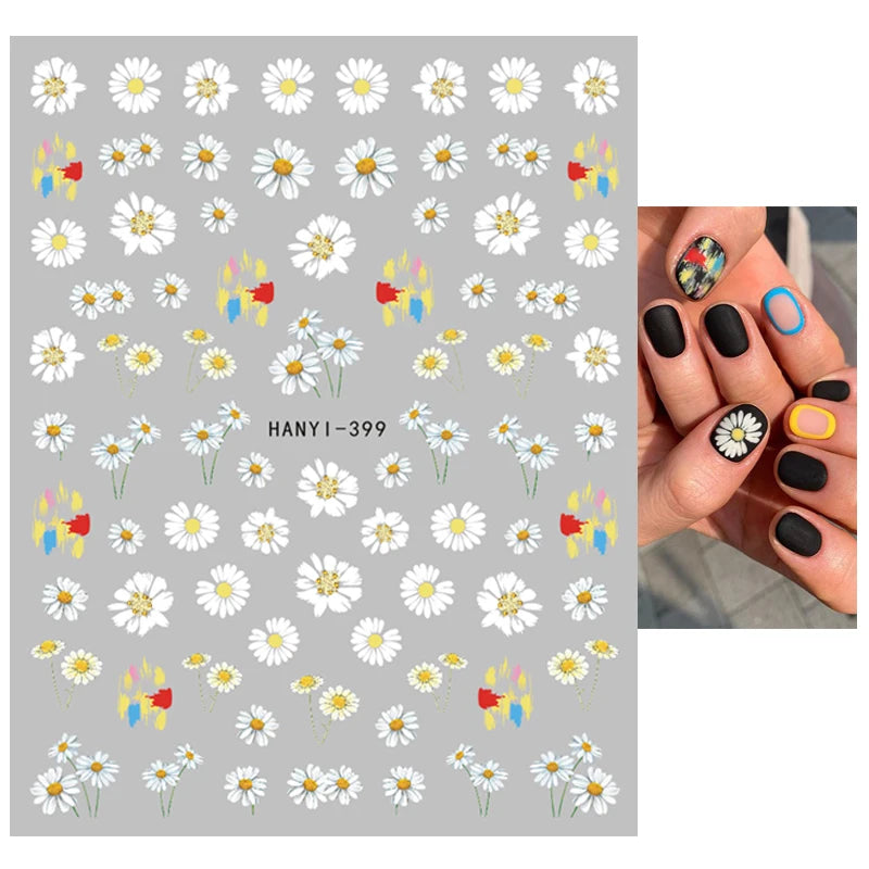 3d Nail Art Decals Geometric Lines Daisy Sunflowers Letters Adhesive Sliders Nail Stickers Decoration For Manicure