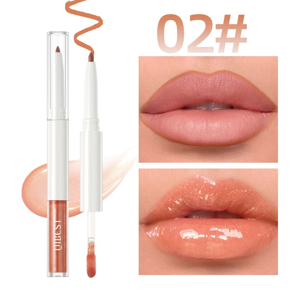 QIBEST Double Head Mirror Lip Glaze Lipliner Pen Water Light Lipgloss Makeup 2 in 1 Stick Matte Velvet Lip Liner Contour Pencil