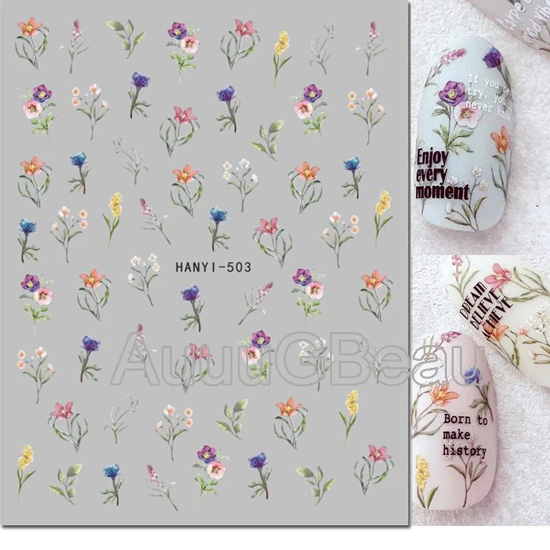 3d Nail Art Decals Geometric Lines Daisy Sunflowers Letters Adhesive Sliders Nail Stickers Decoration For Manicure