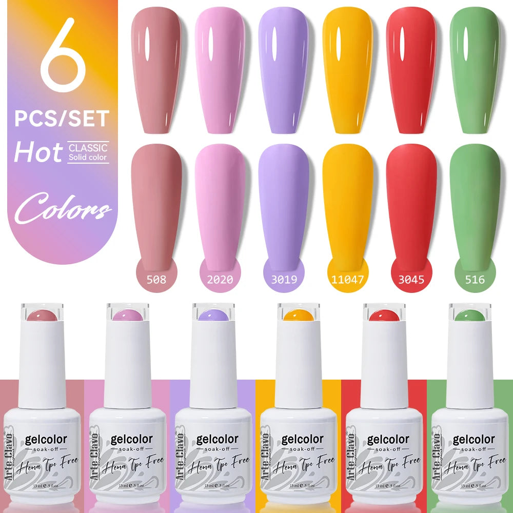 Arte Clavo 15ml Gel Polish Set 6PCS HEMA TPO Free Soak Off UV LED Nail Varnish Kit Long Lasting Manicure Gel for Nail Art Salon