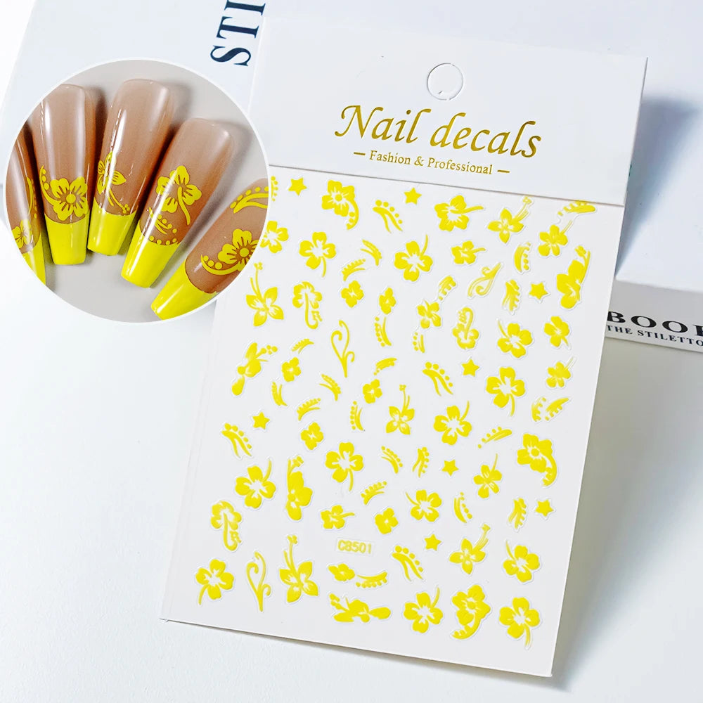 1pc 3D White Hibiscus Flower Nail Art Stickers 8 Colors Hollow Petal Flower Nail Decal Exquisite Gold/Silver/Black Floral Slider
