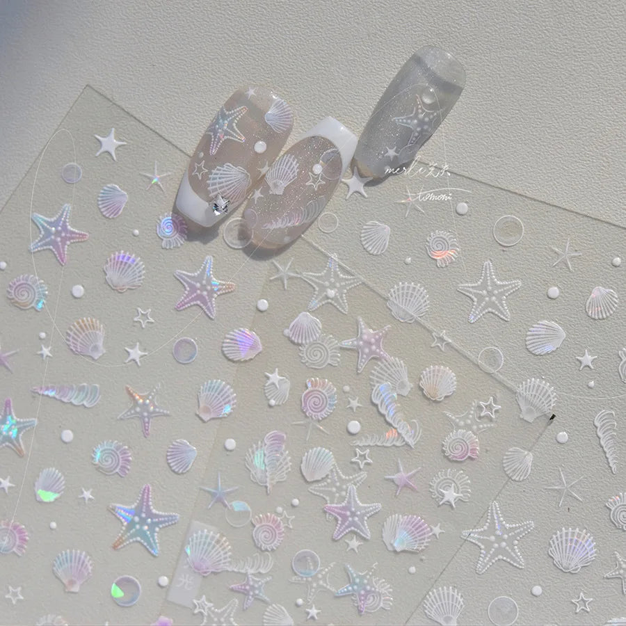 Summer Beach Ocean Shell Starfish Clams Conch Stars Sea Bubble Seasnail Soft Relief Decoration Nail Art Stickers Manicure Decals