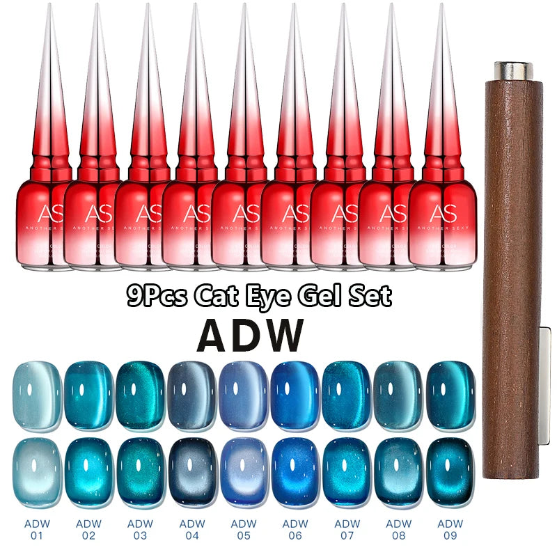 AS 9pcs Cat Eye Magnetic Moonlight Gel Nail Polish Set 15ml Sparkle White Silver Water Light Red UV Gel Nail Art Manicure Vernis