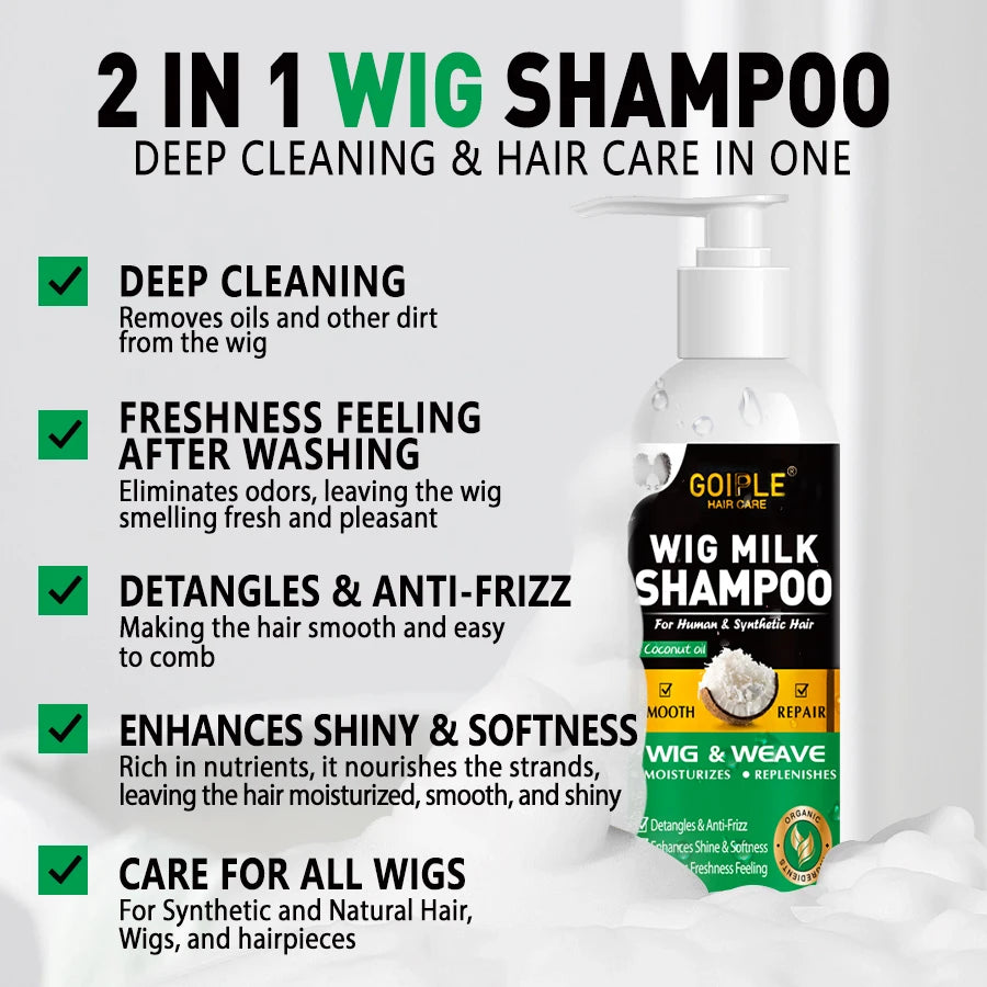 GOIPLE Natural Coconut Oil Wig Milk Shampoo Smooth Repair Moisturizes Frizzy Hair for Wigs Wave 2 in 1 Wig Wash Care Product