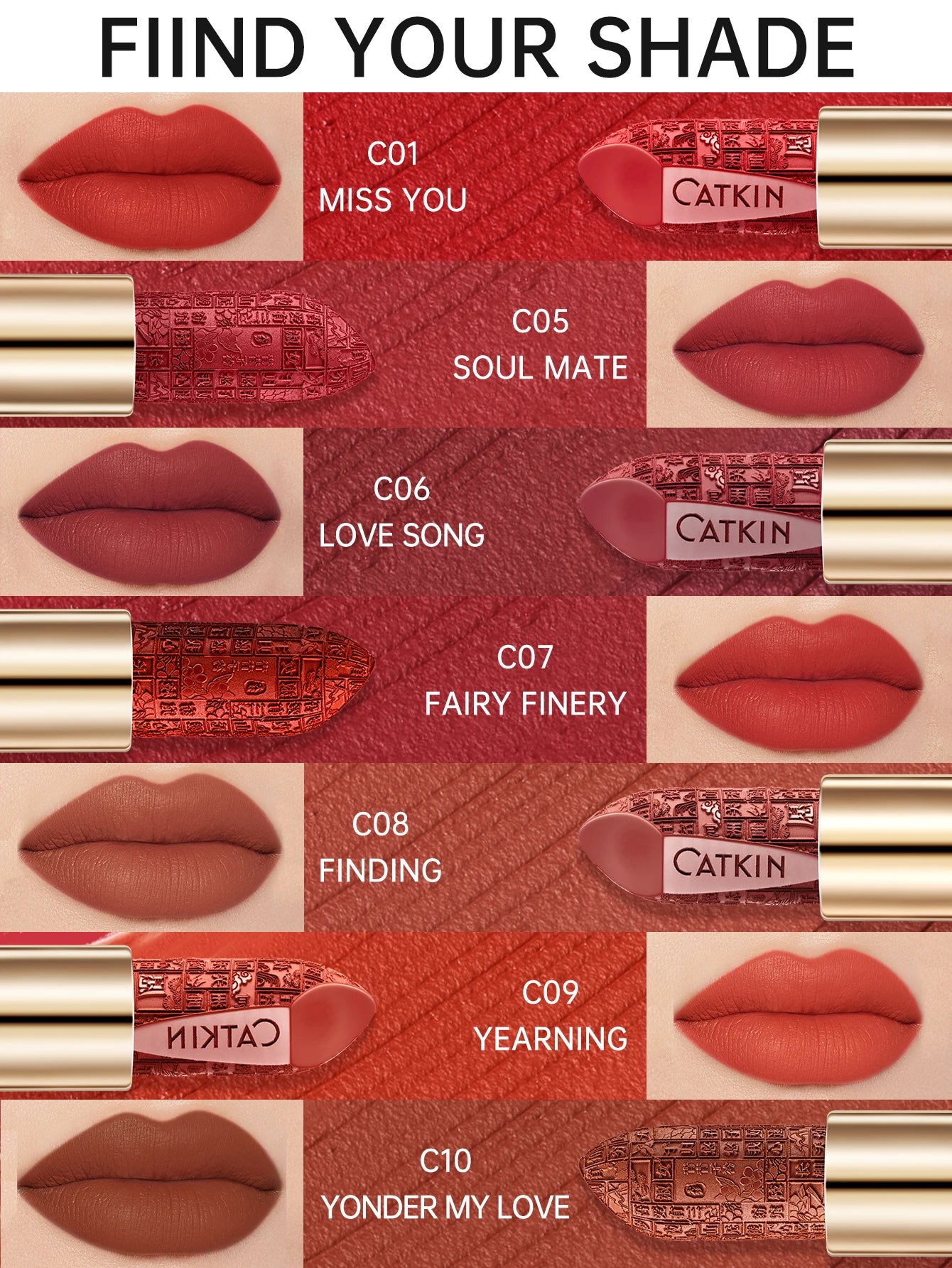 CATKIN Dreamworld Carving Lipstick, Waterproof Long Lasting Satin Nourish Moisturizing Smooth Soft 0.13 Ounce-Chinese Style