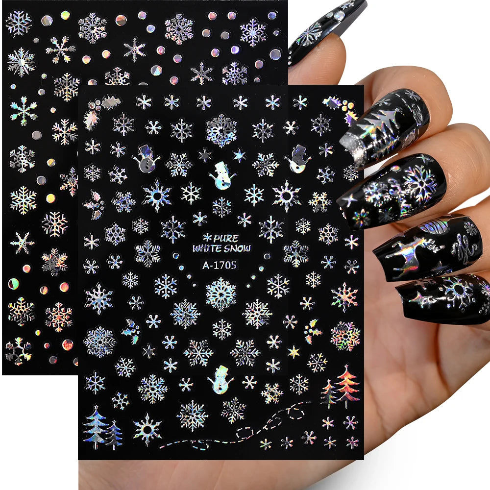 12Pcs Christmas Laser Silver Snowflakes Nail Stickers Set 3D Bronzing Snowflake Nail Decal 8*10cm HOLO Snowflake Xmas Slider