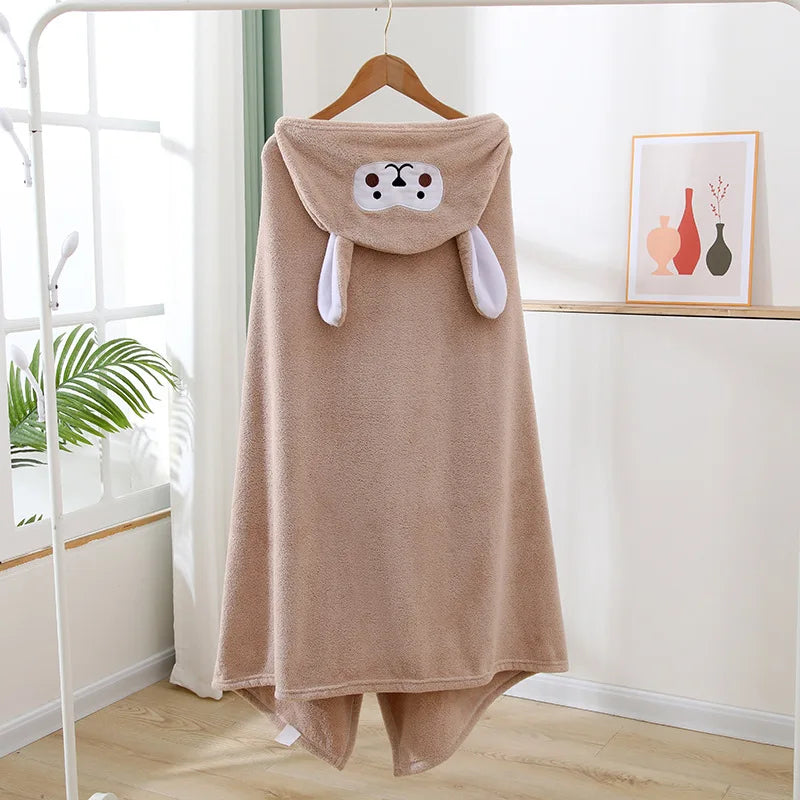 70*140cm Children's Hooded Bath Poncho Plush Coral Fleece Robe with Cartoon Cape Design Fast-Drying Baby Bath Towel