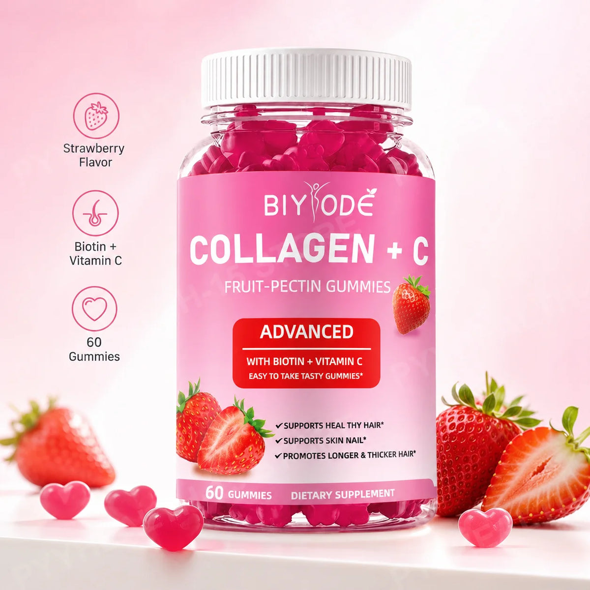 BIYODE Collagen + Vitamin C Gummies with Biotin, Strawberry Fruit Pectin Beauty Supplement for Hair Skin Nails Support, 60 Count