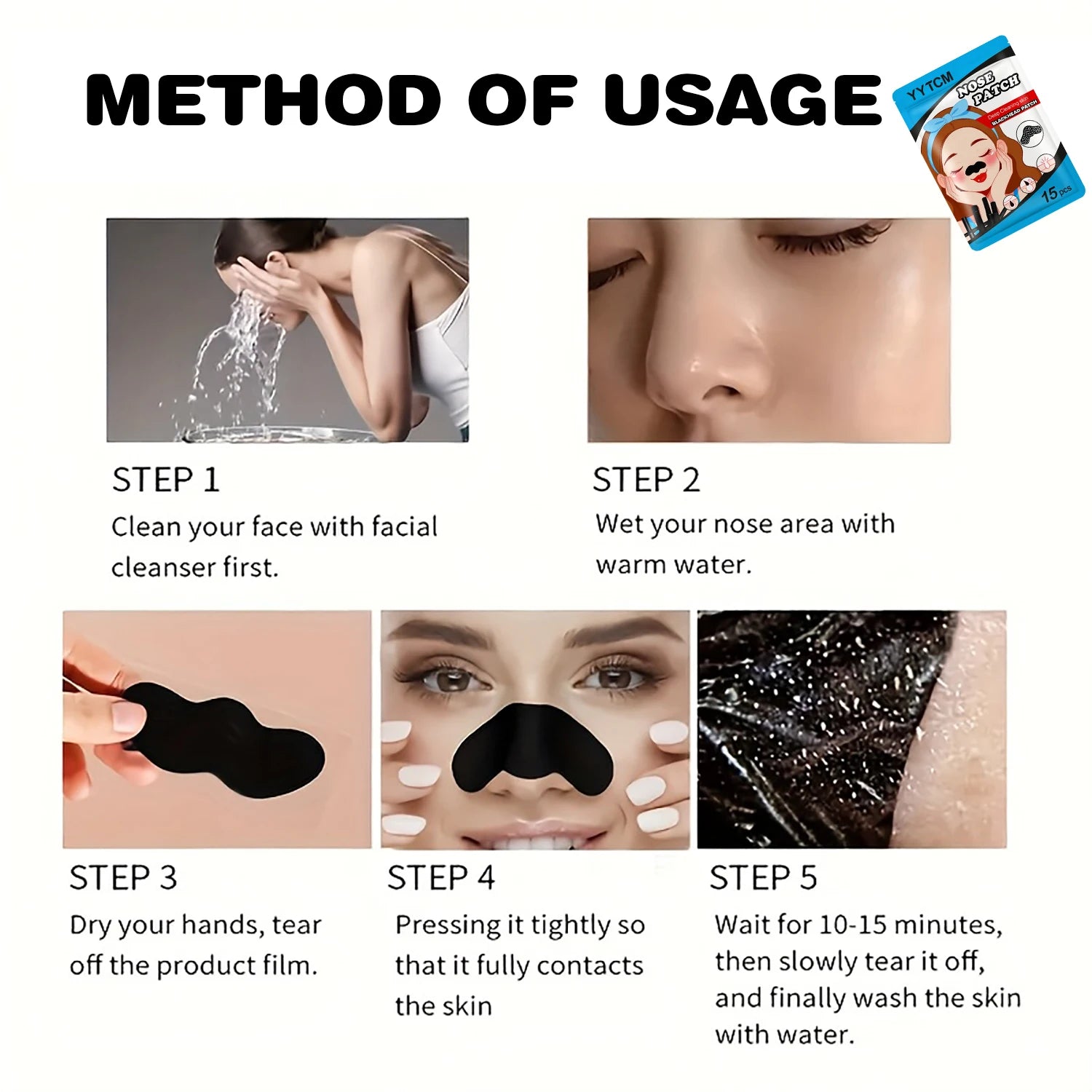 Blackhead Nose Patch, Charcoal Face Nose Mask Deep Cleansing Blackhead Removal Comedone Peel Off Mask 15Pcs/Bag