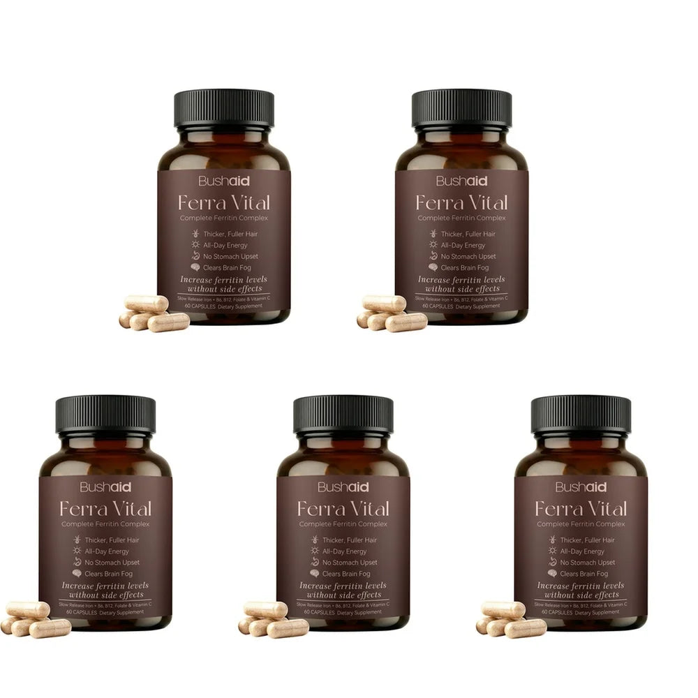 BushAid Ferra Vital Ferritin Complex with Iron Zinc Vitamins B6 B12 Supports Hair Shine Energy Focus Scalp Wellness 60 Capsules