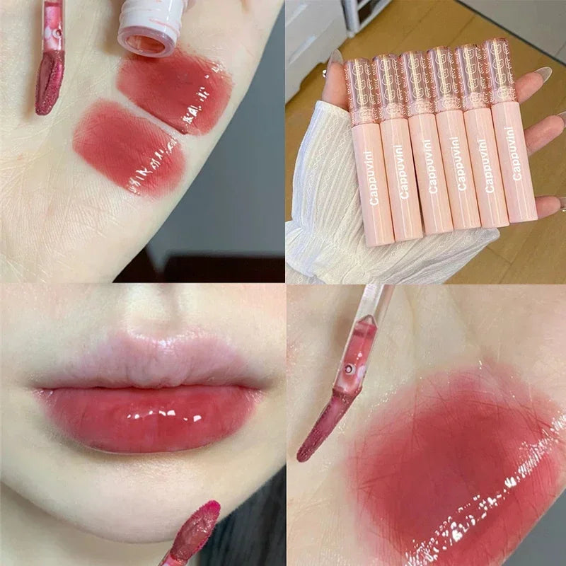Cherry Pink Mirror Water Lip Gloss Lip Glaze Transparent Glass Lip Oil Waterproof Liquid Lipstick Nude Brown Clear Tint Makeup