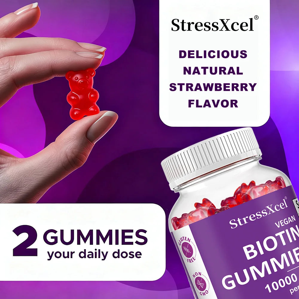 Hair, Skin & Nails Gummies - with Biotin - Promotes Hair Growth, Nourishes Skin, Strengthens Nails, Non-GMO, Strawberry Flavor