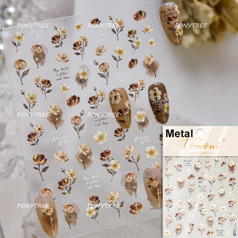 Elegant Pink Purple Flower Rose Colourful Gentle Petal Peach Blossom Metal Shiny Self Nail Art Sticker Decoration Manicure Decal