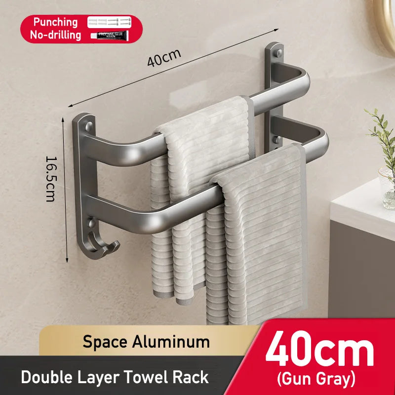 Space Aluminum Multi Rod Towel Bar Bathroom Accessories Wall Hanging Towel Holder Hanger Bath Room Shelf with Hooks Towel Rail