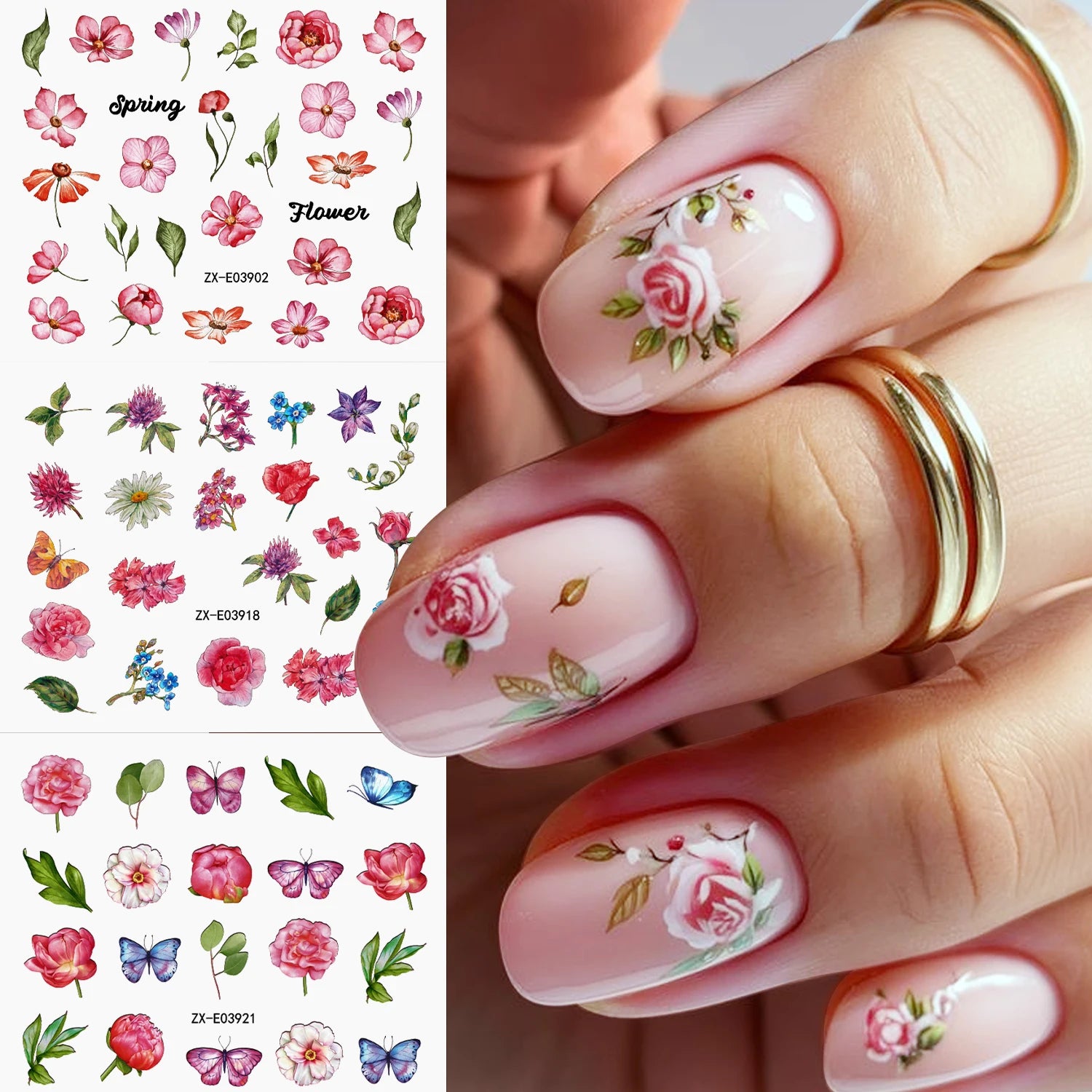 30PCS Spring Butterfly Floral Nail Art Stickers 3D Cute Sunflower Rose Cherry Blossom Adhesive Nail Decals Summer  Nail Sliders