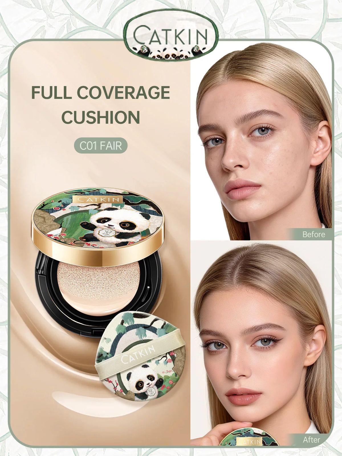 CATKIN Makeup Panda Land Full Coverage Cushion Foundation Breathable Hydrating Nourishing Poreless Foundation for Sensitive skin
