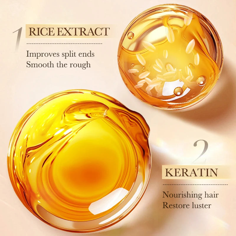 Rice puree hair care essential oil, smooth and repairing conditioner, used to improve frizzy, damaged, split ends, dry hair