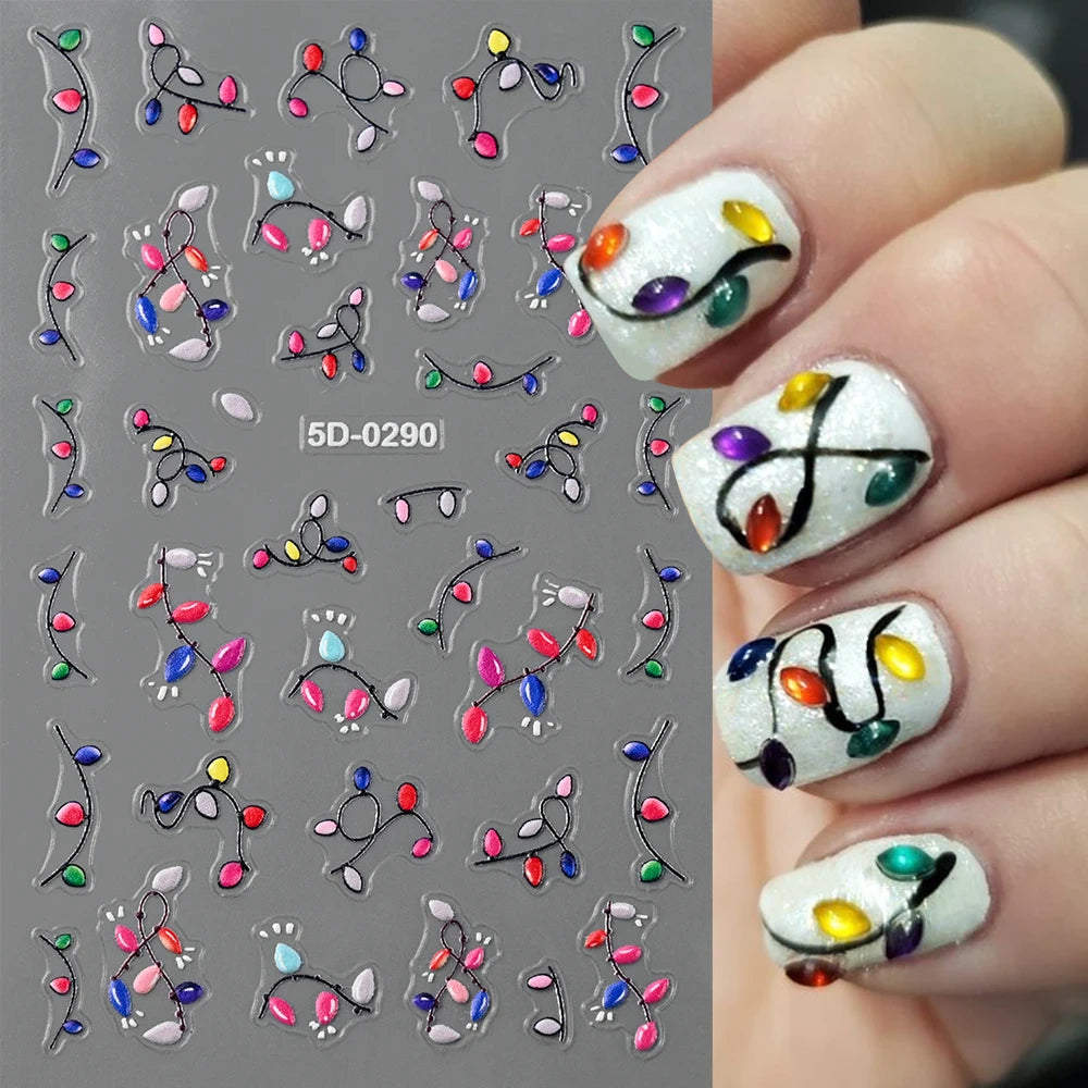 1PCS Embossed 5D Nail Art Stickers Colorful Elegant Flowers Rose Butterfly Sliders Nails White Petals Manicure Decor NK5D-0288