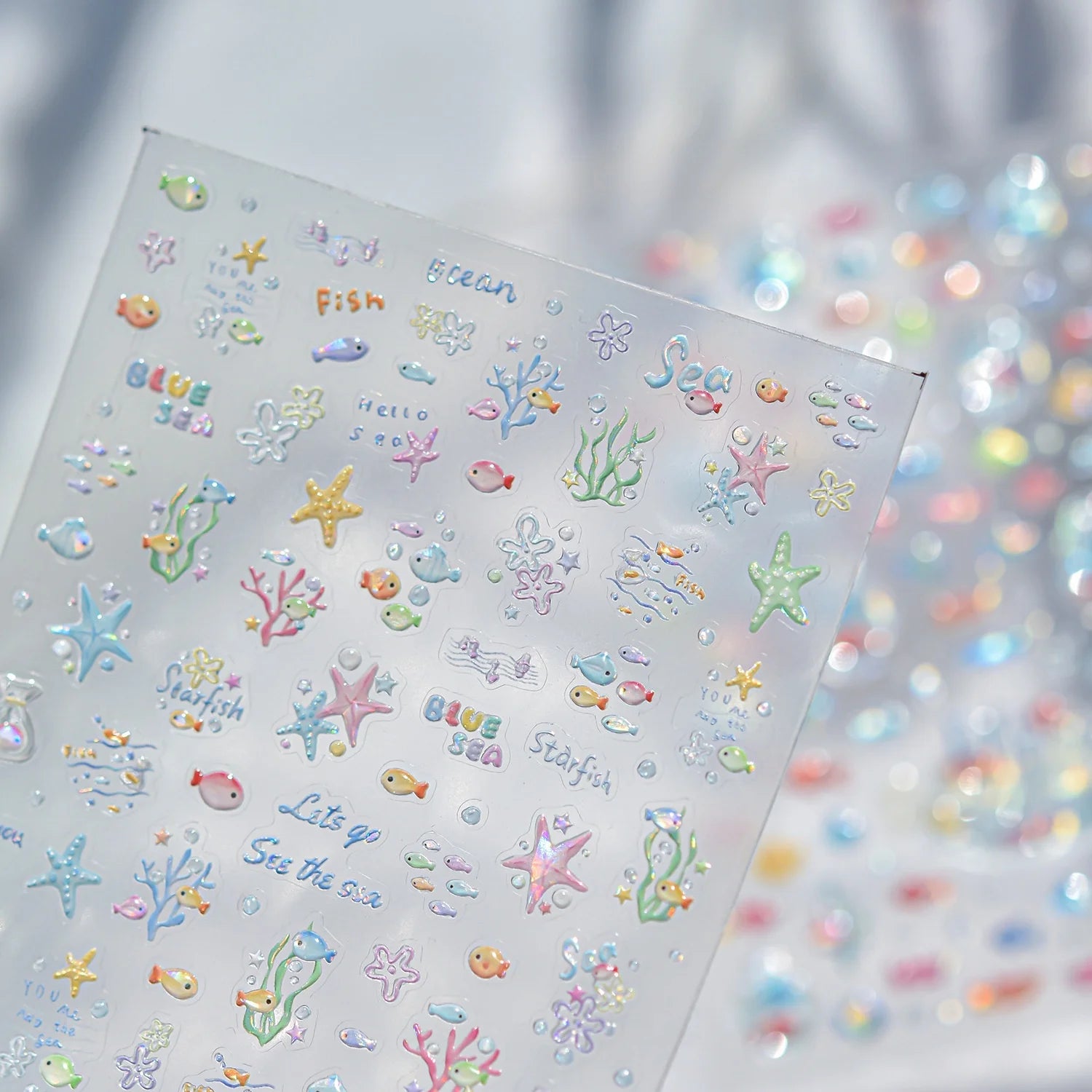 1pcs 5D Colorful Fish Starfish Coral Seaweed Shell Bubbles Ocean Nail Art Stickers Clear Jelly Tropical Fish Embossed Nail Decal