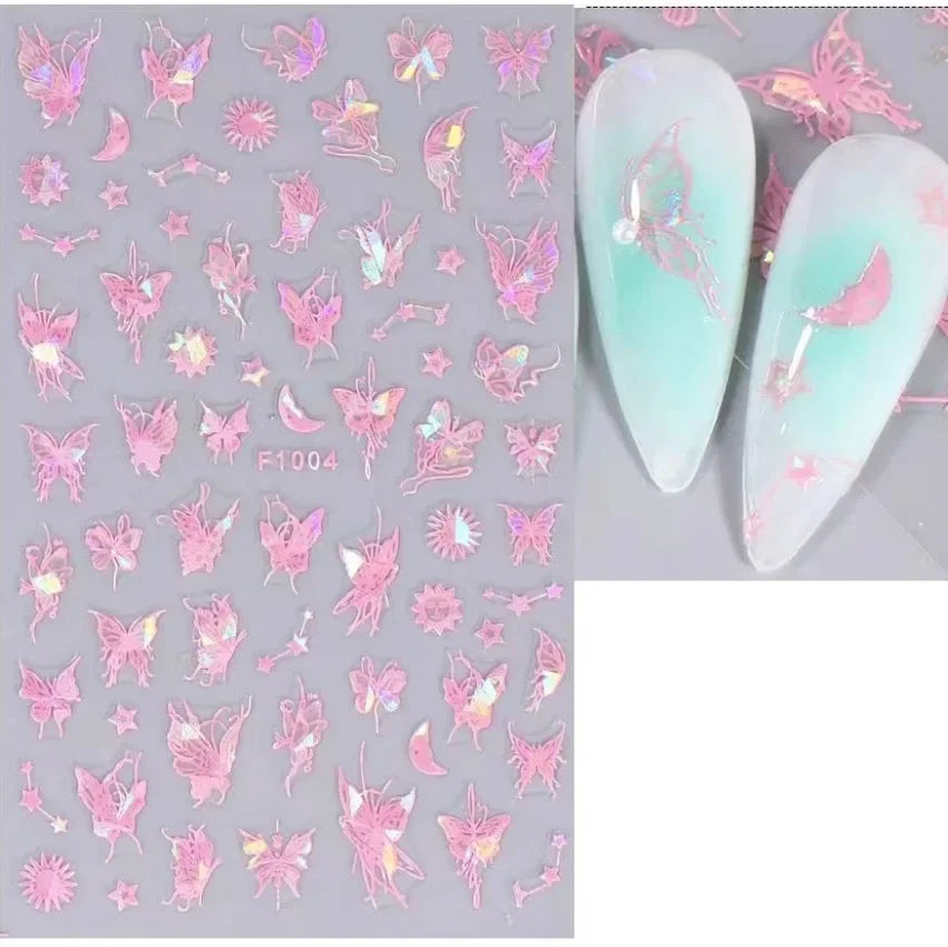 1PCS Black White Butterfly Laser Nail Stickers Y2K Nail Art Decoration Abstract Lines Bronzing Flowers Stickers For Nails