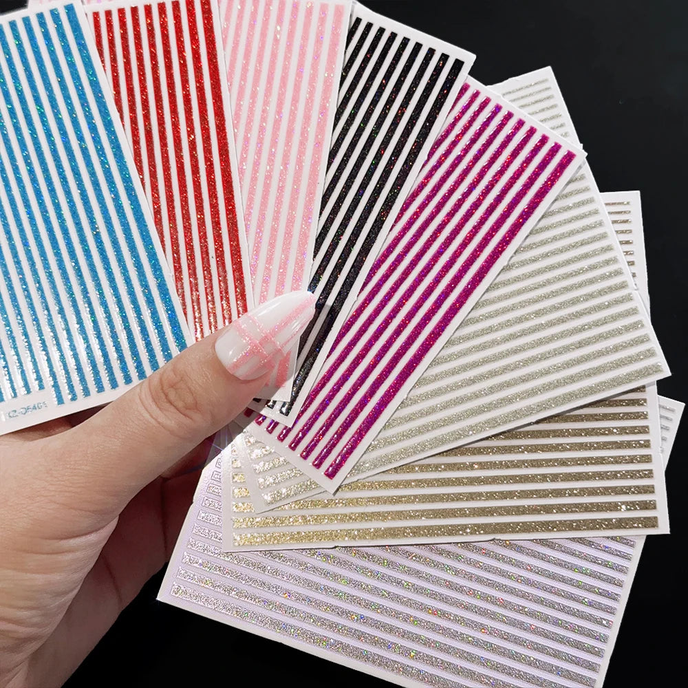 8Pcs/Set 3D Laser Glitter Colorful Metallic Line Nail Stickers Gold Silver Line Wave Stripe Nail Art Decals Kit Manicure Sliders