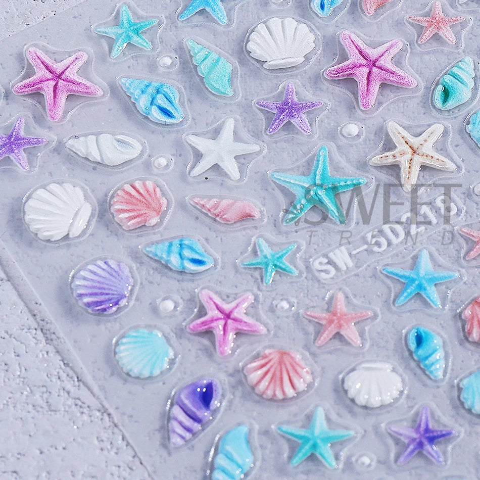 2pcs Ocean Animals Nail Art Stickers 5D Embossed Starfish Seashell Conch Coral Nail Decals DIY Summer Manicure Decoration Slider