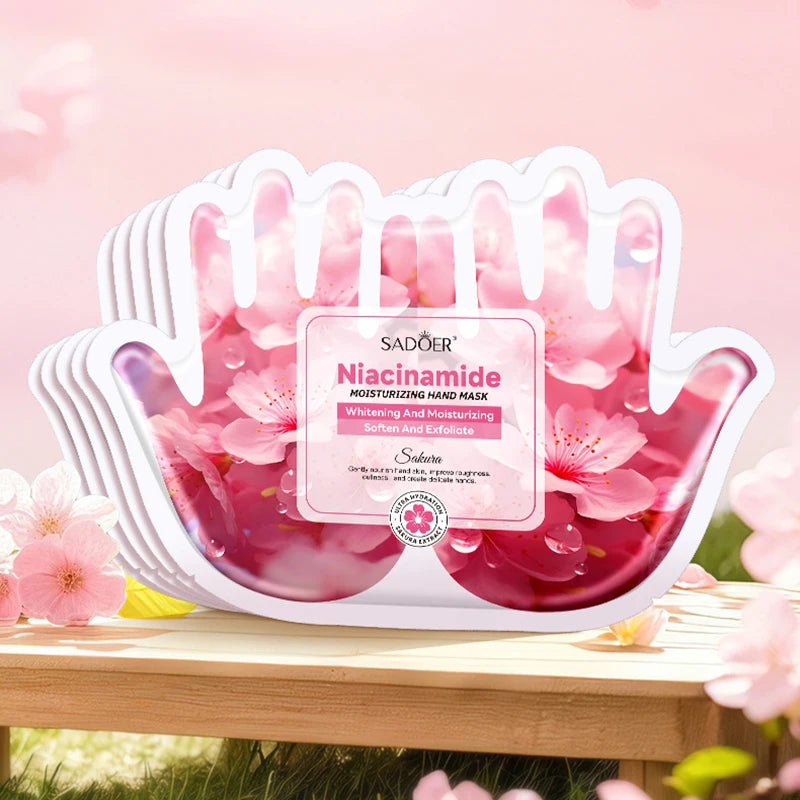 5 Pairs SADOER Sakura Niacinamide Hand Mask Moisturizing Whitening Exfoliating Nourish Hand Care Gloves For Dry Aging Hands Skin