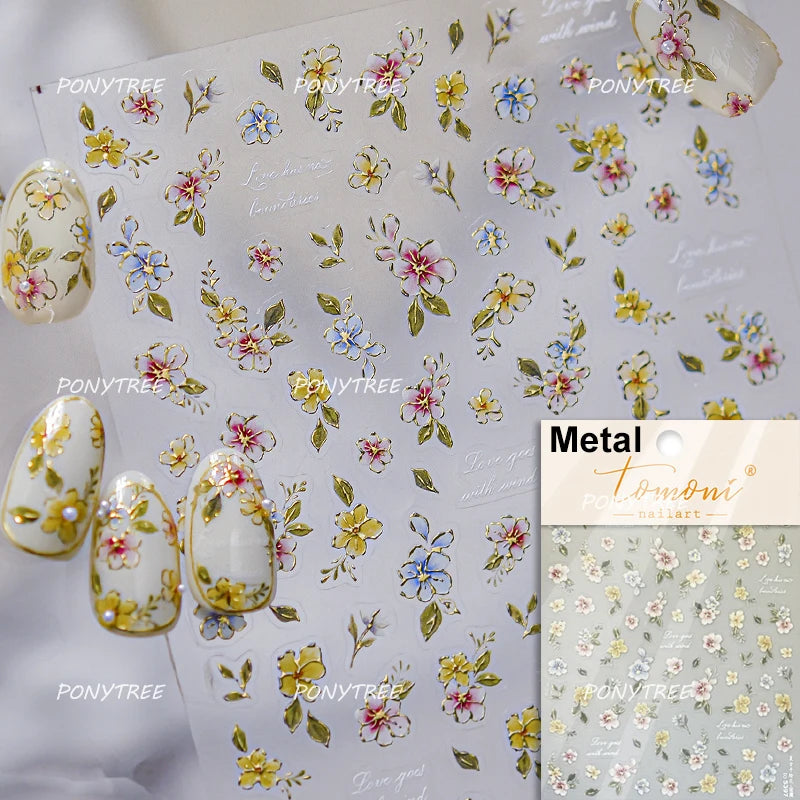 Elegant Pink Purple Flower Rose Colourful Gentle Petal Peach Blossom Metal Shiny Self Nail Art Sticker Decoration Manicure Decal