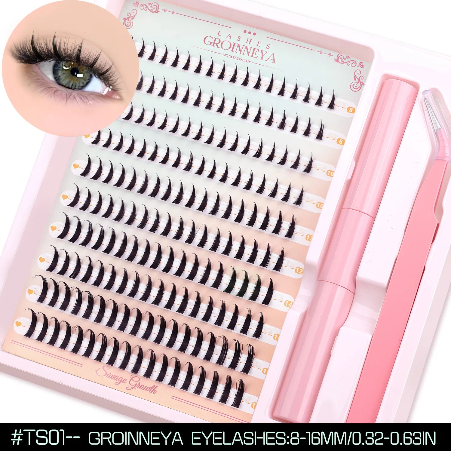 GROINNEYA Fluffy Lash Clusters Kit With Waterproof Strong Hold DIY Lash Extension Kit Lash Bond & Seal & Eyelash Tweezers Makeup