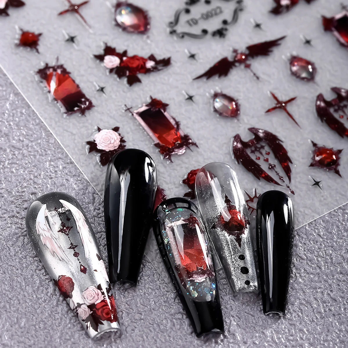 2pcs 5D Red and black Gothic Nail Art Stickers Rose Spider Wing Y2K Nail Decals for DIY Nail Decoration Manicure Sliders
