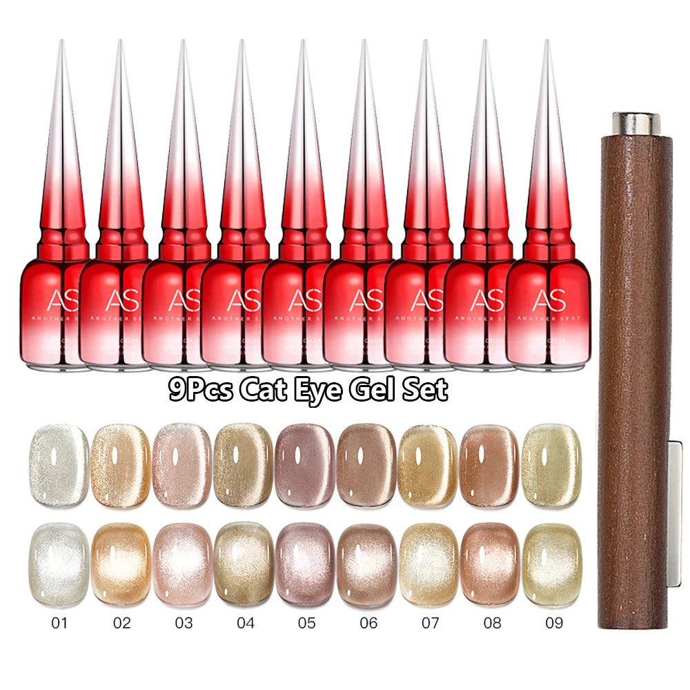 AS 9pcs Cat Eye Magnetic Moonlight Gel Nail Polish Set 15ml Sparkle White Silver Water Light Red UV Gel Nail Art Manicure Vernis