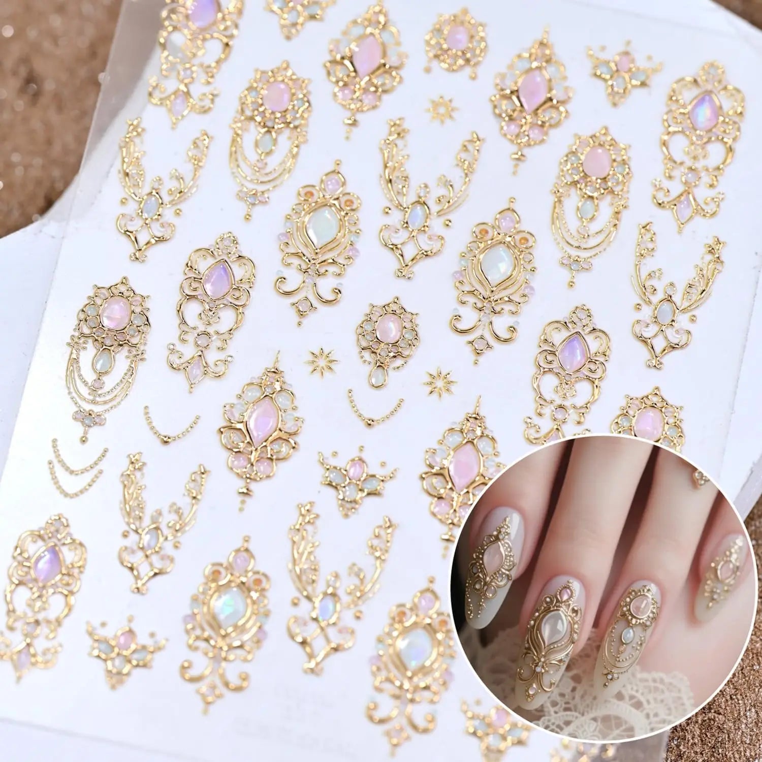 5D Luxury Gold Scepter Nail Art Stickers Gorgeous Gemstone Elegant Courtly Pattern Deca Necklace Frame Self Adhesive Nail Sticke