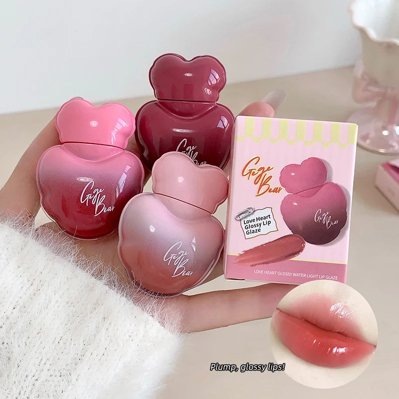 Gege Bear Heart Shape Water Light Lip Llaze Mirror Lipstick Lip Gloss, Hydrating Moisturizing, Long Lasting