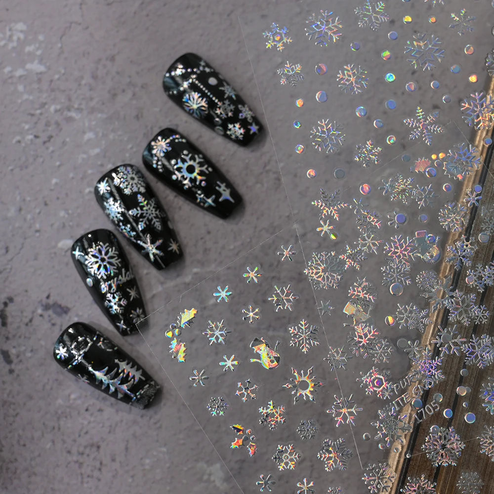 12Pcs Christmas Laser Silver Snowflakes Nail Stickers Set 3D Bronzing Snowflake Nail Decal 8*10cm HOLO Snowflake Xmas Slider