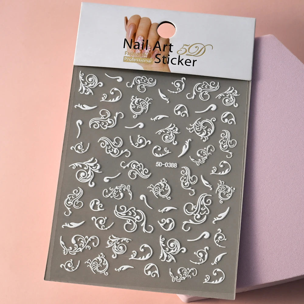 5D White Face Flowers Nail Art Stickers 8x10cm Elegant Wedding Bride White Floret Nail Decal Self-Adhesive Flowers Nail Slider