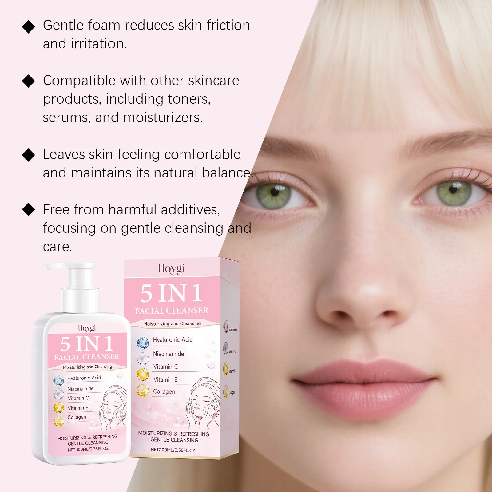 5-in-1 Moisturizing Cleanser with rich foam for a lightweight feel, gently cleanses and softens the skin daily