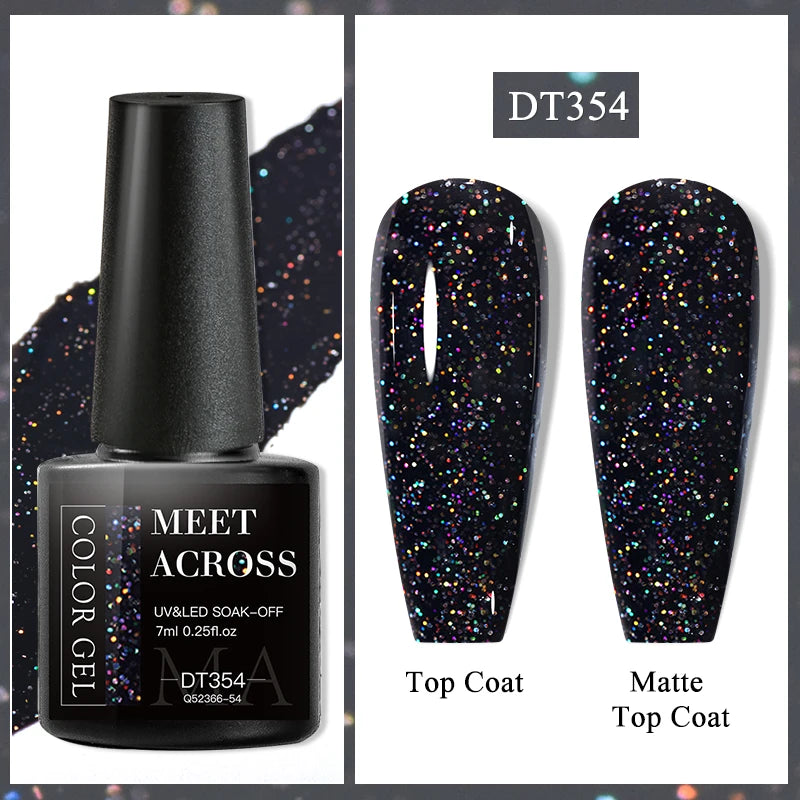 MEET ACROSS 7ml Dark Color Glitter Top Coat Gel For Nails Brocade Powder 2 In 1 Chameleon Nail Art Gel Varnish Manicure