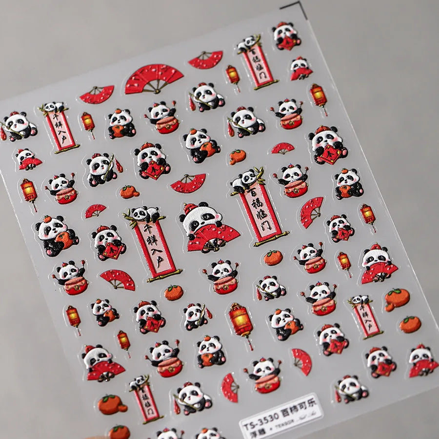 1pcs 5D Embossed Chinese Bamboo Panda Design Nail Art Kawaii Stickers Self-adhesive Transfer Nail Decorations Slider Decals DIY