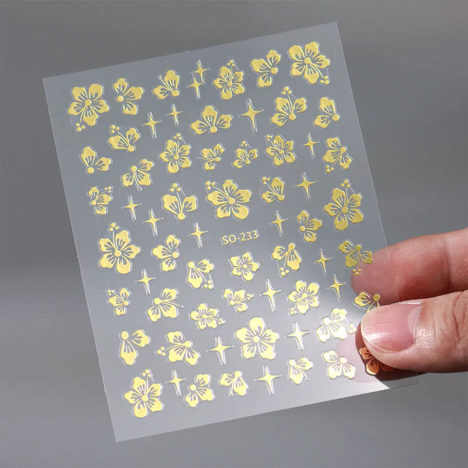 4pcs Hibiscus Flower Nail Art Sticker 3D White Pink Floral Decal Y2K Gold Silver Petal DIY Romantic Self-Adhesive Manicure Decor
