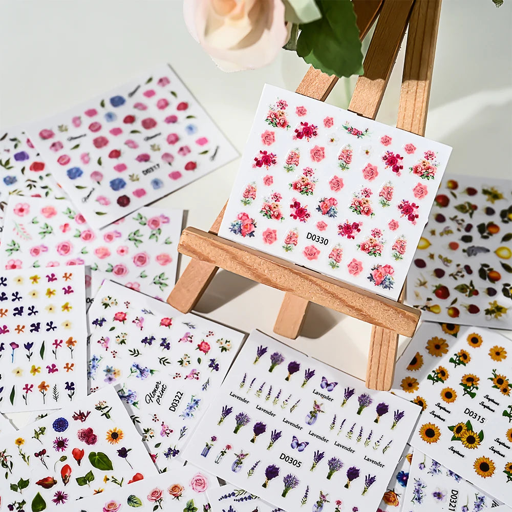 30Pcs/set Colorful Butterfly/Flowers Nail Stickers Kawaii Cute Mini Rose/Lavender/Sunflower Nail Decal DIY Adhesive Nail Floret