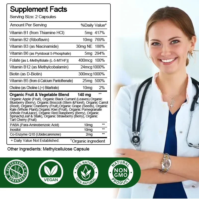 B Complex Vitamins for Nervous System & Energy - Supports Immunity, Heart Health, Hair, Skin & Nails