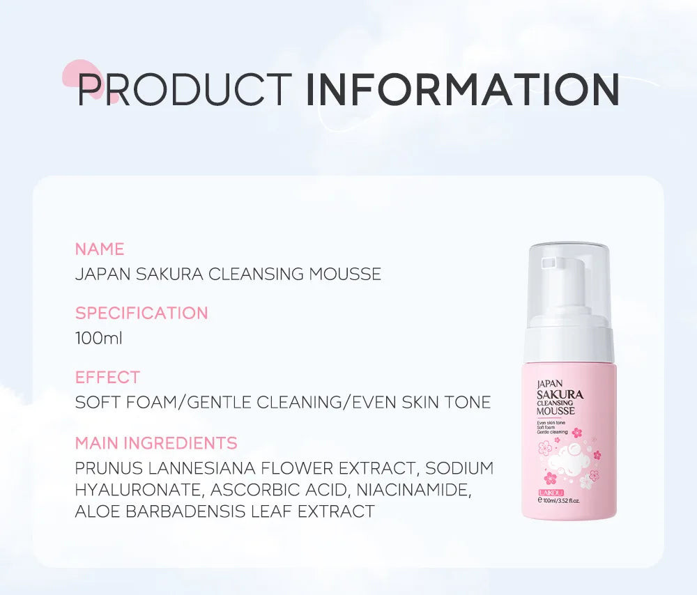LAlKOU Sakura Gentle Care Facial Mousse Face Wash Foam Facial Cleanser Moisturizing Brightening Hydrating Face Cleansing Skin